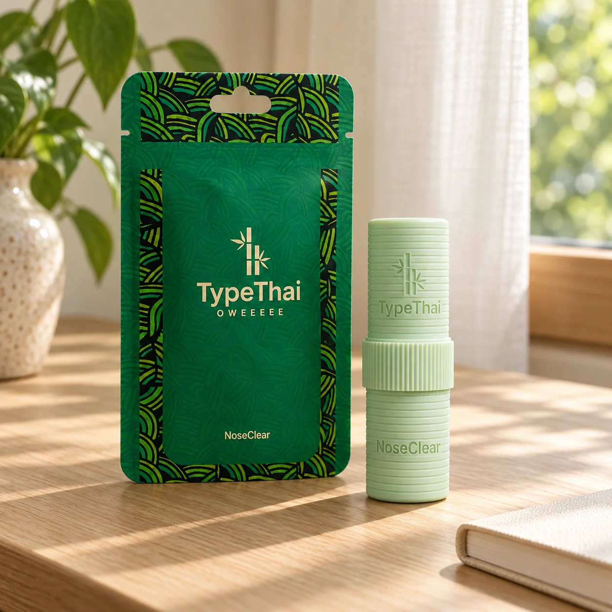 TypeThai NoseClear auf einem Schreibtisch im Morgenlicht, inszenierte Produktaufnahme